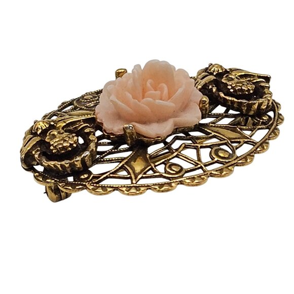 Victorian Style Brooch Pin Rose Filigree Floral Angel Cherub Gold Tone Vtg Lapel - Picture 3 of 7